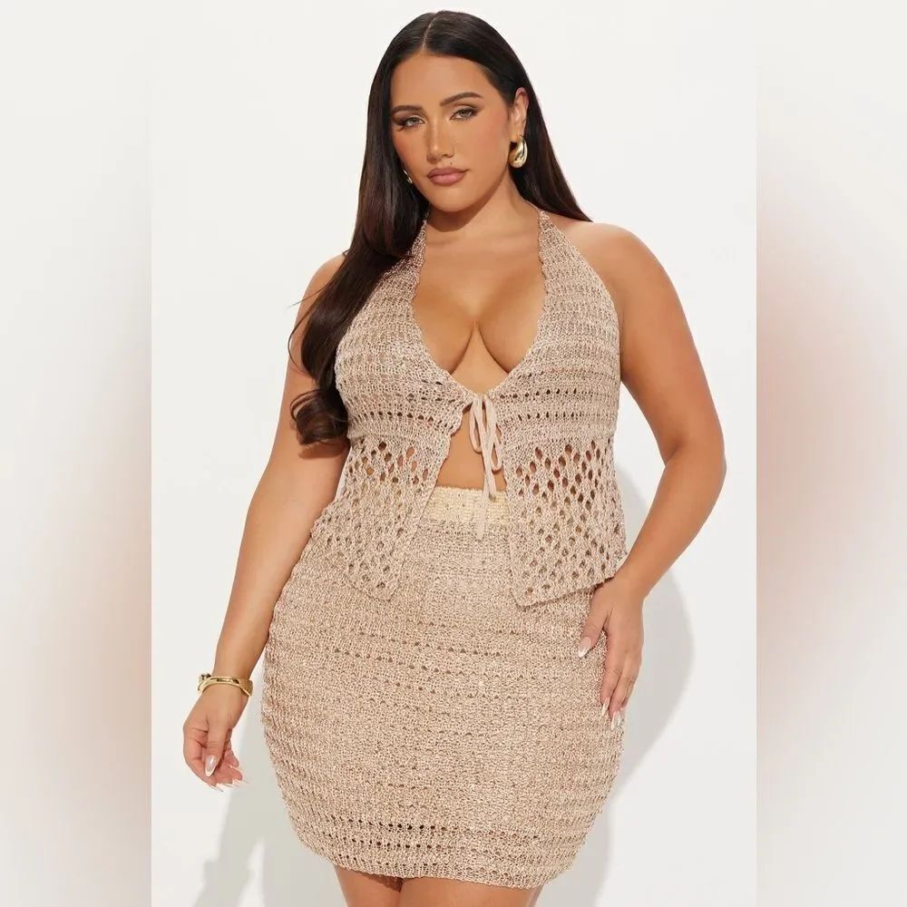 Look At Me Crochet Halter Top Skirt Set - Gold